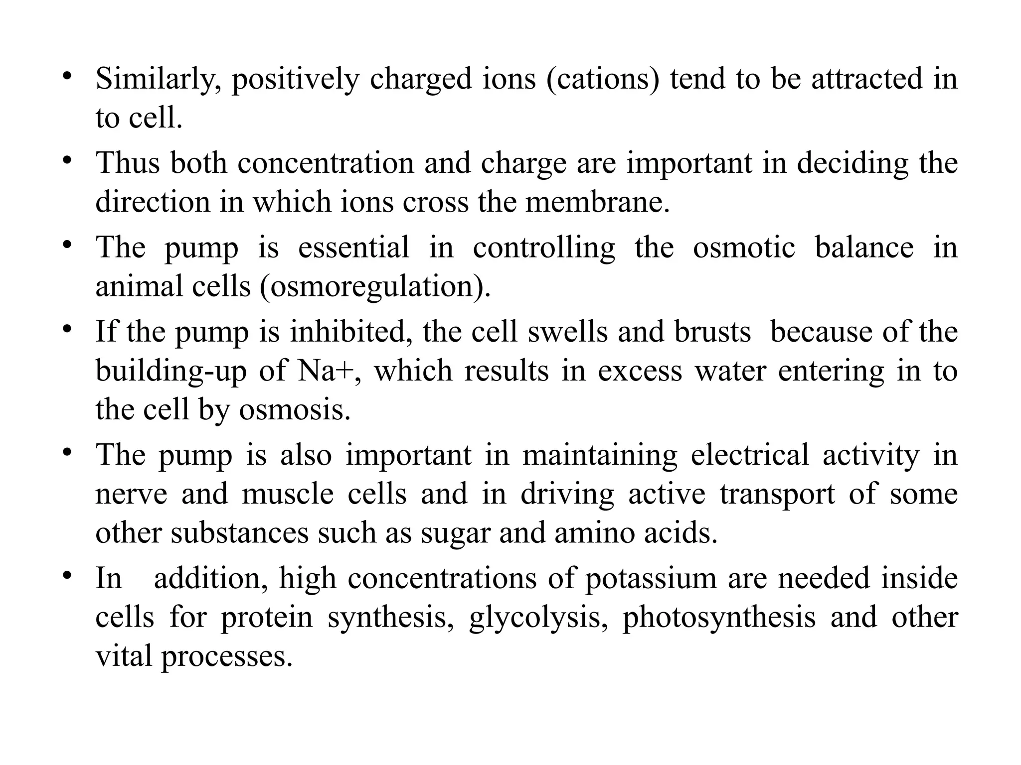 • Similarly, positively charged ions (cations) tend to be attracted in
to cell.
• Thus both concentration and charge are important in deciding the
direction in which ions cross the membrane.
• The pump is essential in controlling the osmotic balance in
animal cells (osmoregulation).
• If the pump is inhibited, the cell swells and brusts because of the
building-up of Na+, which results in excess water entering in to
the cell by osmosis.
• The pump is also important in maintaining electrical activity in
nerve and muscle cells and in driving active transport of some
other substances such as sugar and amino acids.
• In addition, high concentrations of potassium are needed inside
cells for protein synthesis, glycolysis, photosynthesis and other
vital processes.
 
