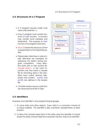 2.4 Structures of a C Program

2.4 Structures of a C Program




   • A C program (source code) must
     have a ﬁle extention .c

   • Every C program must contain min-
     imum a main function. A function
     may contain local variables and
     statements. The purpose of main
     function is for program execution.

   • return 0 means the resource control
     is passed back to the operating sys-
     tem.

   • Preprocessor directives or precom-
     piler directives are necessary for
     preparing the system during pro-
     gram compilation.      Every direc-
     tive starts with a hash symbol (#).
     include<stdio.h> is the most im-
     portant one that inserts a header
     ﬁle for formating data in the stan-
     dard input output devices (key-
     board and screen). scanf() and
     printf() are deﬁned in this header
     ﬁle.

   • Compiler reads a source code from
     top downward and left to right.



2.5 Identiﬁers

Purposes of an identiﬁer in any programming language:

  1. To name data and other objects. Every data in a computer is stored at
     a unique address. The identiﬁer is also a symbolic representation of data
     location.

  2. To allow the compiler keep track of the data using the identiﬁer to locate
     where the data is stored inside the computer memory. Rule of an identiﬁer:



                                                                            2-3
 
