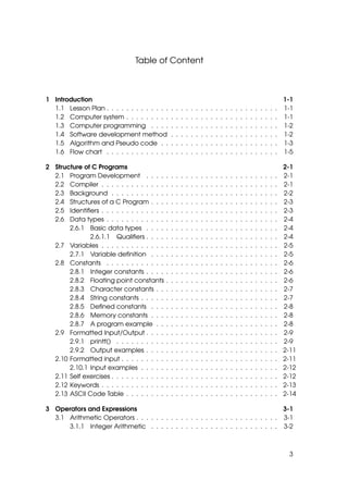 Table of Content



1 Introduction                                                                                                                            1-1
  1.1 Lesson Plan . . . . . . . . . . . . .       .   .   .   .   .   .   .   .   .   .   .   .   .   .   .   .   .   .   .   .   .   .   1-1
  1.2 Computer system . . . . . . . . .           .   .   .   .   .   .   .   .   .   .   .   .   .   .   .   .   .   .   .   .   .   .   1-1
  1.3 Computer programming . . . .                .   .   .   .   .   .   .   .   .   .   .   .   .   .   .   .   .   .   .   .   .   .   1-2
  1.4 Software development method                 .   .   .   .   .   .   .   .   .   .   .   .   .   .   .   .   .   .   .   .   .   .   1-2
  1.5 Algorithm and Pseudo code . .               .   .   .   .   .   .   .   .   .   .   .   .   .   .   .   .   .   .   .   .   .   .   1-3
  1.6 Flow chart . . . . . . . . . . . . .        .   .   .   .   .   .   .   .   .   .   .   .   .   .   .   .   .   .   .   .   .   .   1-5

2 Structure of C Programs                                                                                                                 2-1
  2.1 Program Development . . . .             .   .   .   .   .   .   .   .   .   .   .   .   .   .   .   .   .   .   .   .   .   .   .   2-1
  2.2 Compiler . . . . . . . . . . . . .      .   .   .   .   .   .   .   .   .   .   .   .   .   .   .   .   .   .   .   .   .   .   .   2-1
  2.3 Background . . . . . . . . . . .        .   .   .   .   .   .   .   .   .   .   .   .   .   .   .   .   .   .   .   .   .   .   .   2-2
  2.4 Structures of a C Program . . .         .   .   .   .   .   .   .   .   .   .   .   .   .   .   .   .   .   .   .   .   .   .   .   2-3
  2.5 Identiﬁers . . . . . . . . . . . . .    .   .   .   .   .   .   .   .   .   .   .   .   .   .   .   .   .   .   .   .   .   .   .   2-3
  2.6 Data types . . . . . . . . . . . .      .   .   .   .   .   .   .   .   .   .   .   .   .   .   .   .   .   .   .   .   .   .   .   2-4
       2.6.1 Basic data types . . . .         .   .   .   .   .   .   .   .   .   .   .   .   .   .   .   .   .   .   .   .   .   .   .   2-4
              2.6.1.1 Qualiﬁers . . . .       .   .   .   .   .   .   .   .   .   .   .   .   .   .   .   .   .   .   .   .   .   .   .   2-4
  2.7 Variables . . . . . . . . . . . . .     .   .   .   .   .   .   .   .   .   .   .   .   .   .   .   .   .   .   .   .   .   .   .   2-5
       2.7.1 Variable deﬁnition . . .         .   .   .   .   .   .   .   .   .   .   .   .   .   .   .   .   .   .   .   .   .   .   .   2-5
  2.8 Constants . . . . . . . . . . . .       .   .   .   .   .   .   .   .   .   .   .   .   .   .   .   .   .   .   .   .   .   .   .   2-6
       2.8.1 Integer constants . . . .        .   .   .   .   .   .   .   .   .   .   .   .   .   .   .   .   .   .   .   .   .   .   .   2-6
       2.8.2 Floating point constants         .   .   .   .   .   .   .   .   .   .   .   .   .   .   .   .   .   .   .   .   .   .   .   2-6
       2.8.3 Character constants . .          .   .   .   .   .   .   .   .   .   .   .   .   .   .   .   .   .   .   .   .   .   .   .   2-7
       2.8.4 String constants . . . . .       .   .   .   .   .   .   .   .   .   .   .   .   .   .   .   .   .   .   .   .   .   .   .   2-7
       2.8.5 Deﬁned constants . . .           .   .   .   .   .   .   .   .   .   .   .   .   .   .   .   .   .   .   .   .   .   .   .   2-8
       2.8.6 Memory constants . . .           .   .   .   .   .   .   .   .   .   .   .   .   .   .   .   .   .   .   .   .   .   .   .   2-8
       2.8.7 A program example . .            .   .   .   .   .   .   .   .   .   .   .   .   .   .   .   .   .   .   .   .   .   .   .   2-8
  2.9 Formatted Input/Output . . . .          .   .   .   .   .   .   .   .   .   .   .   .   .   .   .   .   .   .   .   .   .   .   .   2-9
       2.9.1 printf() . . . . . . . . . .     .   .   .   .   .   .   .   .   .   .   .   .   .   .   .   .   .   .   .   .   .   .   .   2-9
       2.9.2 Output examples . . . .          .   .   .   .   .   .   .   .   .   .   .   .   .   .   .   .   .   .   .   .   .   .   .   2-11
  2.10 Formatted input . . . . . . . . .      .   .   .   .   .   .   .   .   .   .   .   .   .   .   .   .   .   .   .   .   .   .   .   2-11
       2.10.1 Input examples . . . . .        .   .   .   .   .   .   .   .   .   .   .   .   .   .   .   .   .   .   .   .   .   .   .   2-12
  2.11 Self exercises . . . . . . . . . . .   .   .   .   .   .   .   .   .   .   .   .   .   .   .   .   .   .   .   .   .   .   .   .   2-12
  2.12 Keywords . . . . . . . . . . . . .     .   .   .   .   .   .   .   .   .   .   .   .   .   .   .   .   .   .   .   .   .   .   .   2-13
  2.13 ASCII Code Table . . . . . . . .       .   .   .   .   .   .   .   .   .   .   .   .   .   .   .   .   .   .   .   .   .   .   .   2-14

3 Operators and Expressions                                                          3-1
  3.1 Arithmetic Operators . . . . . . . . . . . . . . . . . . . . . . . . . . . . . 3-1
      3.1.1 Integer Arithmetic . . . . . . . . . . . . . . . . . . . . . . . . . . 3-2



                                                                                                                                           3
 