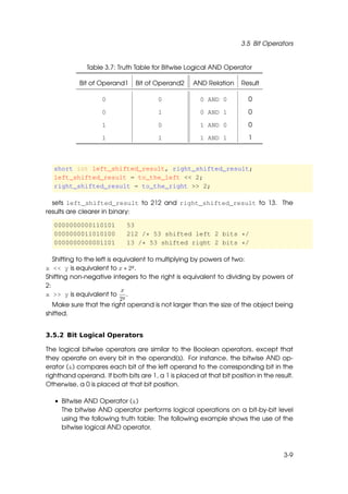 3.5 Bit Operators


              Table 3.7: Truth Table for Bitwise Logical AND Operator

            Bit of Operand1    Bit of Operand2      AND Relation     Result

                    0                  0              0 AND 0           0

                    0                  1              0 AND 1           0

                    1                  0              1 AND 0           0

                    1                  1              1 AND 1           1



  short int left_shifted_result, right_shifted_result;
  left_shifted_result = to_the_left << 2;
  right_shifted_result = to_the_right >> 2;

  sets left_shifted_result to 212 and right_shifted_result to 13. The
results are clearer in binary:

  0000000000110101          53
  0000000011010100          212 /* 53 shifted left 2 bits */
  0000000000001101          13 /* 53 shifted right 2 bits */

   Shifting to the left is equivalent to multiplying by powers of two:
x << y is equivalent to x ∗ 2y .
Shifting non-negative integers to the right is equivalent to dividing by powers of
2:
                             x
x >> y is equivalent to y .
                             2
   Make sure that the right operand is not larger than the size of the object being
shifted.


3.5.2 Bit Logical Operators

The logical bitwise operators are similar to the Boolean operators, except that
they operate on every bit in the operand(s). For instance, the bitwise AND op-
erator (&) compares each bit of the left operand to the corresponding bit in the
righthand operand. If both bits are 1, a 1 is placed at that bit position in the result.
Otherwise, a 0 is placed at that bit position.

   • Bitwise AND Operator (&)
     The bitwise AND operator performs logical operations on a bit-by-bit level
     using the following truth table: The following example shows the use of the
     bitwise logical AND operator.



                                                                                    3-9
 
