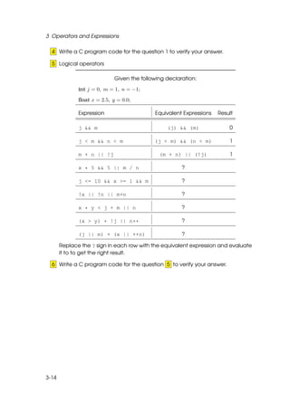 3 Operators and Expressions

  4 Write a C program code for the question 1 to verify your answer.

  5 Logical operators

                             Given the following declaration:

              int j = 0, m = 1, n = −1;

              ﬂoat x = 2.5, y = 0.0;

              Expression                    Equivalent Expressions   Result

              j && m                             (j) && (m)              0

              j < m && n < m                (j < m) && (n < m)           1

              m + n || !j                     (m + n) || (!j)            1

              x * 5 && 5 || m / n                      ?

              j <= 10 && x >= 1 && m                   ?

              !x || !n || m+n                          ?

              x * y < j + m || n                       ?

              (x > y) + !j || n++                      ?

              (j || m) + (x || ++n)                    ?

       Replace the ? sign in each row with the equivalent expression and evaluate
       it to to get the right result.

  6 Write a C program code for the question 5 to verify your answer.




3-14
 