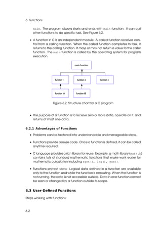 6 Functions

      main. The program always starts and ends with main function. It can call
      other functions to do speciﬁc task. See Figure 6.2.

  • A function in C is an independent module. A called function receives con-
    trol from a calling function. When the called function completes its task, it
    returns to the calling function. It mays or may not return a value to the caller
    function. The main function is called by the operating system for program
    execution.




                   Figure 6.2: Structure chart for a C program



  • The purpose of a function is to receive zero or more data, operate on it, and
    returns at most one data.


6.2.1 Advantages of Functions

  • Problems can be factored into understandable and manageable steps.

  • Functions provide a reuse code. Once a function is deﬁned, it can be called
    anytime required.

  • C language provides a rich library for reuse. Example, a math library (math.h)
    contains lots of standard mathematic functions that make work easier for
    mathematic calculation including sqrt(), log(), cos().

  • Functions protect data. Logical data deﬁned in a function are available
    only to the function and while the function is executing. When the function is
    not running, the data is not accessible outside. Data in one function cannot
    be seen or changed by a function outside its scope.


6.3 User-Deﬁned Functions

Steps working with functions:



6-2
 