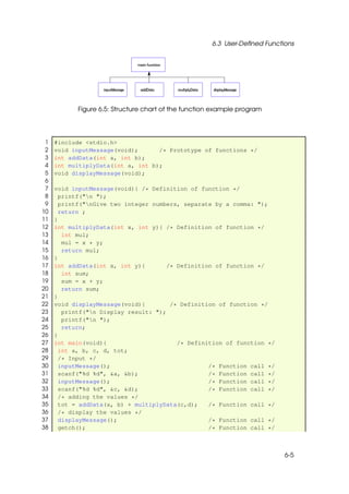 6.3 User-Deﬁned Functions




           Figure 6.5: Structure chart of the function example program




 1   #include <stdio.h>
 2   void inputMessage(void);      /* Prototype of functions */
 3   int addData(int a, int b);
 4   int multiplyData(int a, int b);
 5   void displayMessage(void);
 6
 7   void inputMessage(void){ /* Definition of function */
 8     printf("n ");
 9     printf("nGive two integer numbers, separate by a comma: ");
10     return ;
11   }
12   int multiplyData(int x, int y){ /* Definition of function */
13      int mul;
14      mul = x * y;
15      return mul;
16   }
17   int addData(int x, int y){       /* Definition of function */
18      int sum;
19      sum = x + y;
20      return sum;
21   }
22   void displayMessage(void){        /* Definition of function */
23      printf("n Display result: ");
24      printf("n ");
25      return;
26   }
27   int main(void){                     /* Definition of function */
28     int a, b, c, d, tot;
29     /* Input */
30     inputMessage();                            /* Function call */
31     scanf("%d %d", &a, &b);                    /* Function call */
32     inputMessage();                            /* Function call */
33     scanf("%d %d", &c, &d);                    /* Function call */
34     /* adding the values */
35     tot = addData(a, b) + multiplyData(c,d);   /* Function call */
36     /* display the values */
37     displayMessage();                          /* Function call */
38     getch();                                   /* Function call */



                                                                            6-5
 