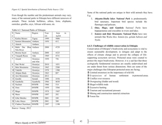 Ethiopian Geography and the Horn (GeES1011)
43
Figure 6.2. Spatial distribution of National Parks Source: CSA
Even though the number and the predominant animals may vary,
many of the national parks in Ethiopia have different turnovers of
animals. These include buffaloes, zebras, lions, elephants,
ostriches, giraffes, oryx, African wild asses, etc.
Table 6.2: National Parks of Ethiopia
N
o
Name Region Year
est.
Area in
sq.km
1 Kafeta Shiraro Tigray 1999 5000
2 Semien Mountains Amhara 1959 412
3 Alatish Amhara
4 Bahir Dar Blue
Nile River
Amhara 2008 4729
5 Borena Saynt Amhara 2008 4325
6 Yangudi-Rassa Afar 1969 4731
7 Awash Oromiya
and Afar
1958 756
8 Dati Wolel Oromiya 2010 1031
9 Bale Mountains Oromiya 1962 2200
10 Yabello Oromiya 1978 1500
11 Abijata Shala Oromiya 1963 887
12 Arsi Mountains Oromiya 2012
13 Geralle Somali 1998 3558
14 Gambella Gambella 1966 4650
15 Nechsar SNNPR 1966 514
16 Omo SNNPR 1959 3566
17 Mago SNNPR 1974 1947
18 Maze SNNPR 1997 202
19 Gibe Sheleko SNNPR 2001 248
20 Loka Abaya SNNPR 2001 500
21 Chabra Churchura SNNPR 1997 1190
Source: Young, 2012
Some of the national parks are unique in their wild animals they have.
E.g.
1. Abiyatta-Shalla lakes National Park is predominantly
bird sanctuary. Important bird species include the
flamingos and pelicans.
2. Omo, Mago, and Gambela National Parks have
hippopotamus and crocodiles in rivers and lakes.
3. Semien and Bale Mountains National Parks have rare
animals like Walia ibex, Semien fox, gelada baboon and
Nyala.
6.4.3. Challenges of wildlife conservation in Ethiopia
Conservation of Ethiopia‟s biodiversity and ecosystems is vital to
ensure sustainable development, to mitigate and adapt to the
effects of climate change and to prevent the collapse of life-
supporting ecosystem services. Protected areas were created to
protect the major biodiversity. However, it is a sad fact that these
ecologically fundamental resources are usually undervalued and
are under threat from various dimensions. Here are some of the
major challenges that Ethiopian protected areas are facing;
 Limited awareness on the importance of wild life
 Expansion of human settlement in protected areas.
 Conflict over resource
 Overgrazing (fodder and wood)
 Illegal wildlife trade
 Excessive hunting
 Tourism and recreational pressure
 Mining and construction material extraction
 Forest fire
 