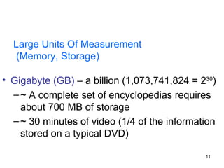 Large Units Of Measurement  (Memory, Storage) Gigabyte (GB)  – a billion (1,073,741,824 = 2 30 ) ~ A complete set of encyclopedias requires about 700 MB of storage ~ 30 minutes of video (1/4 of the information stored on a typical DVD) 