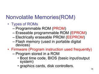 Nonvolatile Memories(ROM) Types of ROMs Programmable ROM ( PROM ) Eraseable programmable ROM ( EPROM ) Electrically eraseable PROM ( EEPROM ) Flash memory (used in portable digital devices) Firmware (Program instruction used frequently) Program stored in a ROM Boot time code, BIOS (basic input/output system) graphics cards, disk controllers. 