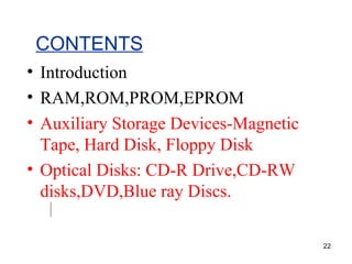 CONTENTS Introduction RAM,ROM,PROM,EPROM Auxiliary Storage Devices-Magnetic Tape, Hard Disk, Floppy Disk Optical Disks: CD-R Drive,CD-RW disks,DVD,Blue ray Discs. 