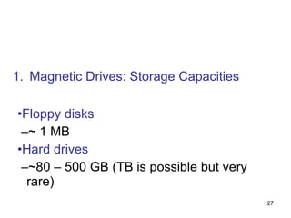 Magnetic Drives: Storage Capacities Floppy disks ~ 1 MB Hard drives ~80 – 500 GB (TB is possible but very rare)  