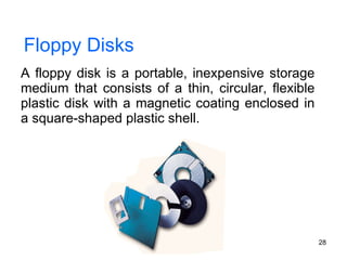 Floppy Disks A floppy disk is a portable, inexpensive storage medium that consists of a thin, circular, flexible plastic disk with a magnetic coating enclosed in a square-shaped plastic shell. 