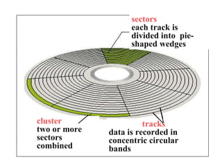 sectors each track is divided into  pie-shaped wedges cluster two or more sectors combined tracks data is recorded in concentric circular bands 