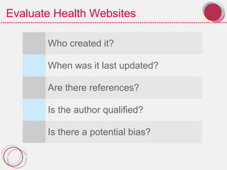 Evaluate Health Websites
Who created it?
When was it last updated?
Are there references?
Is the author qualified?
Is there a potential bias?
 