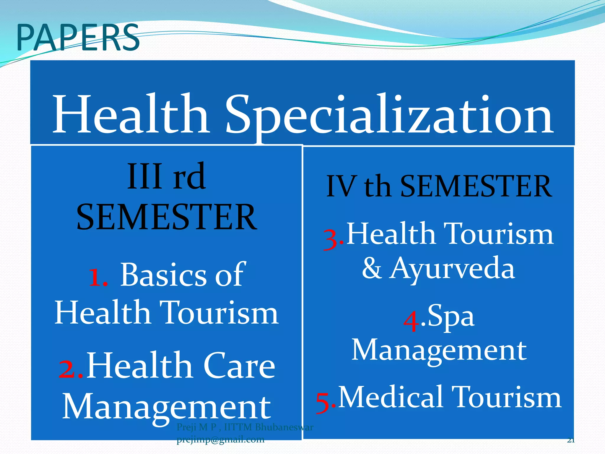 PAPERS
Health Specialization
III rd
SEMESTER
1. Basics of
Health Tourism
2.Health Care
Management
IV th SEMESTER
3.Health Tourism
& Ayurveda
4.Spa
Management
5.Medical Tourism
21
Preji M P , IITTM Bhubaneswar
prejimp@gmail.com
 