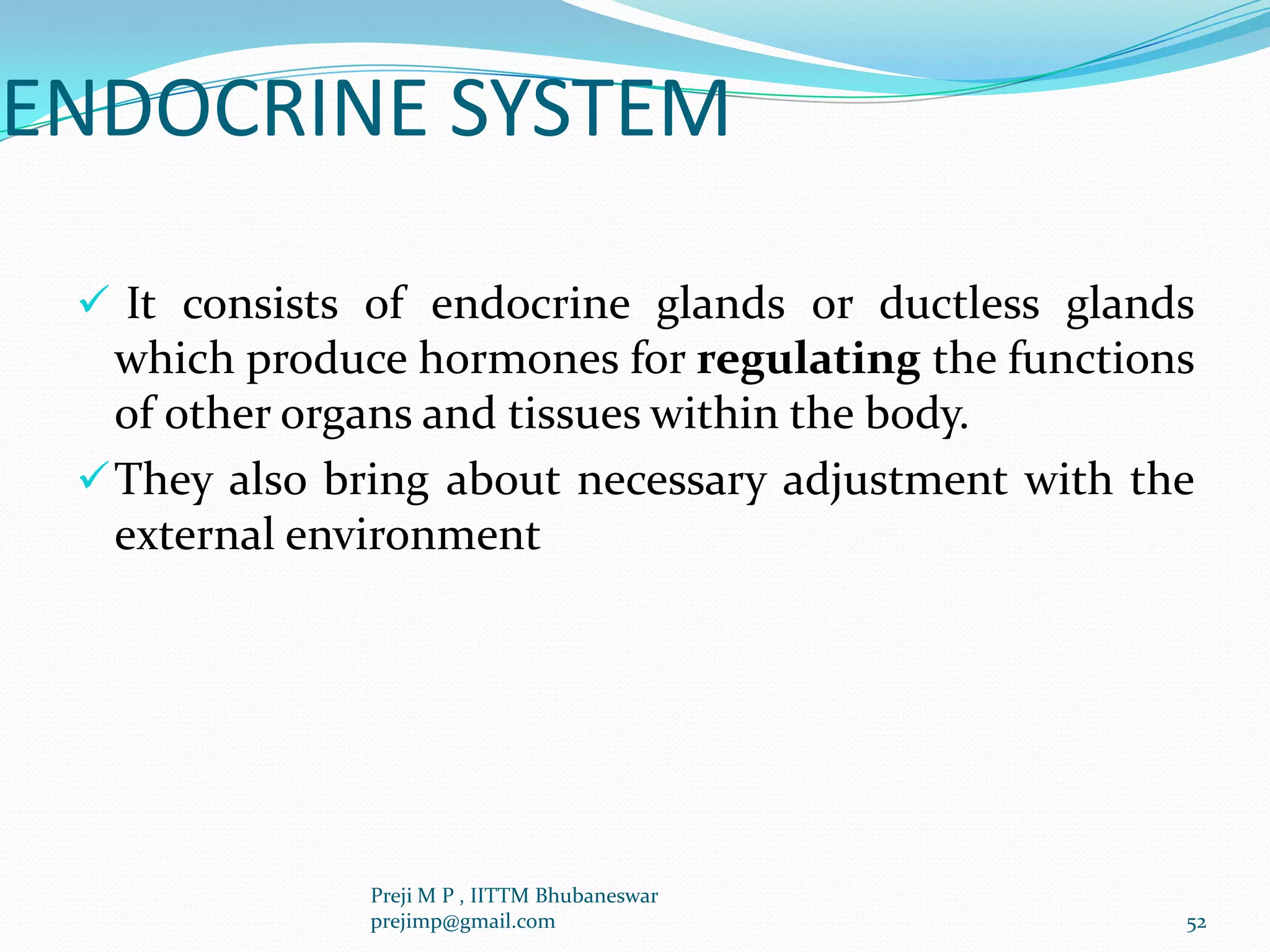 ENDOCRINE SYSTEM
 It consists of endocrine glands or ductless glands
which produce hormones for regulating the functions
of other organs and tissues within the body.
They also bring about necessary adjustment with the
external environment
52
Preji M P , IITTM Bhubaneswar
prejimp@gmail.com
 