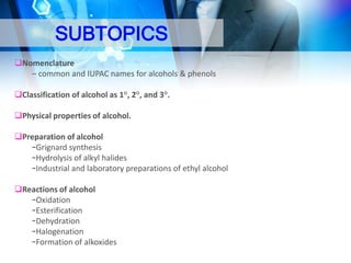 SUBTOPICS
Nomenclature
– common and IUPAC names for alcohols & phenols
Classification of alcohol as 1°, 2°, and 3°.
Physical properties of alcohol.

Preparation of alcohol
–Grignard synthesis
–Hydrolysis of alkyl halides
–Industrial and laboratory preparations of ethyl alcohol
Reactions of alcohol
–Oxidation
–Esterification
–Dehydration
–Halogenation
–Formation of alkoxides

 
