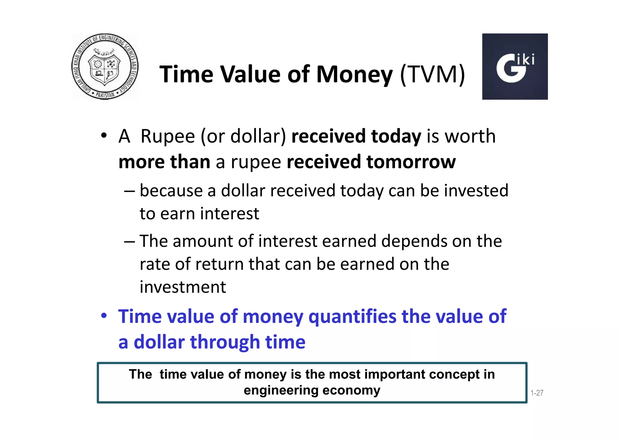 Time Value of Money (TVM)
• A Rupee (or dollar) received today is worth
more than a rupee received tomorrow
– because a dollar received today can be invested
to earn interest
– The amount of interest earned depends on the
rate of return that can be earned on the
investment

• Time value of money quantifies the value of
a dollar through time
The time value of money is the most important concept in
engineering economy

1-27

 