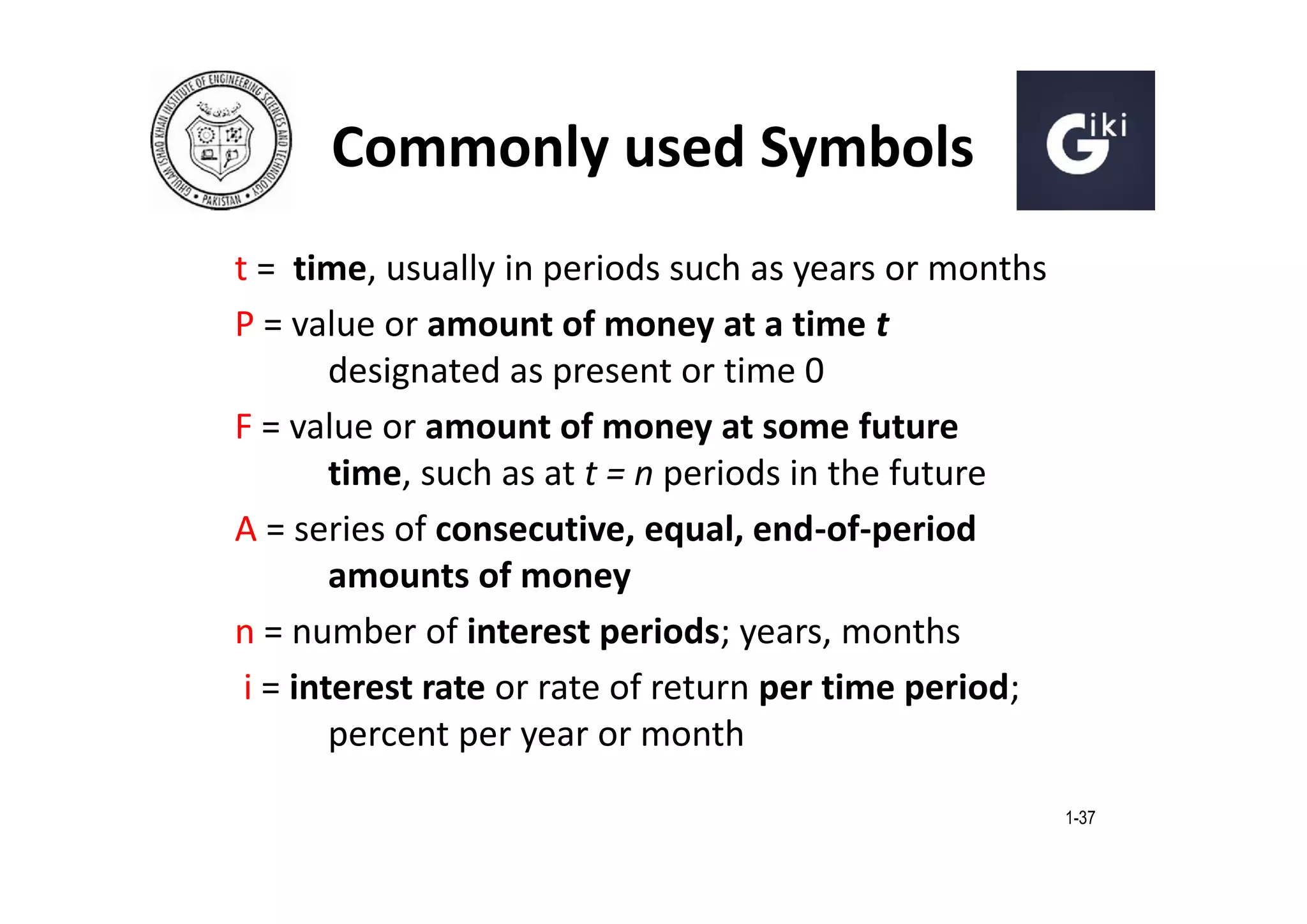 Commonly used Symbols
t = time, usually in periods such as years or months
P = value or amount of money at a time t
designated as present or time 0
F = value or amount of money at some future
time, such as at t = n periods in the future
A = series of consecutive, equal, end-of-period
amounts of money
n = number of interest periods; years, months
i = interest rate or rate of return per time period;
percent per year or month
1-37

 