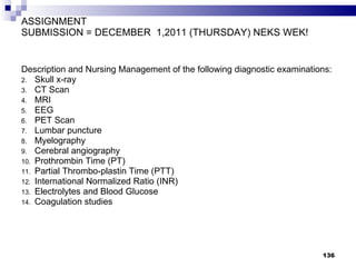 ASSIGNMENT SUBMISSION = DECEMBER  1,2011 (THURSDAY) NEKS WEK!  Description and Nursing Management of the following diagnostic examinations: Skull x-ray CT Scan MRI EEG PET Scan Lumbar puncture Myelography Cerebral angiography Prothrombin Time (PT) Partial Thrombo-plastin Time (PTT) International Normalized Ratio (INR) Electrolytes and Blood Glucose Coagulation studies 