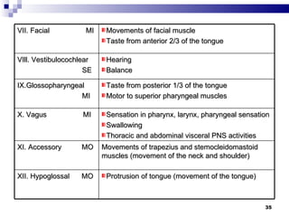 VII. Facial  MI Movements of facial muscle Taste from anterior 2/3 of the tongue VIll. Vestibulocochlear SE Hearing Balance IX.Glossopharyngeal MI Taste from posterior 1/3 of the tongue Motor to superior pharyngeal muscles X. Vagus  MI Sensation in pharynx, larynx, pharyngeal sensation Swallowing Thoracic and abdominal visceral PNS activities XI. Accessory  MO Movements of trapezius and stemocleidomastoid muscles (movement of the neck and shoulder) XII. Hypoglossal  MO Protrusion of tongue (movement of the tongue) 