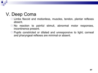 V. Deep Coma Limbs flaccid and motionless, muscles, tendon, plantar reflexes absent. No reaction to painful stimuli, abnormal motor responses, incontinence present. Pupils constricted or dilated and unresponsive to light; corneal and pharyngeal reflexes are minimal or absent. 