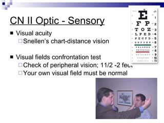 CN II Optic - Sensory Visual acuity Snellen’s chart-distance vision Visual fields confrontation test Check of peripheral vision; 11/2 -2 feet Your own visual field must be normal 