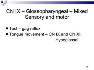 CN IX – Glossopharyngeal – Mixed Sensory and motor Test – gag reflex Tongue movement – CN IX and CN XII Hypoglossal 
