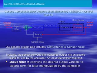 Generic Component Block Diagram of an Elementary FEEDBACK ControlGeneric Component Block Diagram of an Elementary FEEDBACK Control
(cont’d)(cont’d)
Our general system also includes:Our general system also includes: Disturbance & Sensor noiseDisturbance & Sensor noise
Typically, the sensor converts the measured output into an electricTypically, the sensor converts the measured output into an electric
signal for use by the controller. An input filter is then required.signal for use by the controller. An input filter is then required.
 Input filter =Input filter = converts the desired output variable toconverts the desired output variable to
electric form for later manipulation by the controllerelectric form for later manipulation by the controller
EE-6402 AUTOMATIC CONTROL SYSTEMS
 