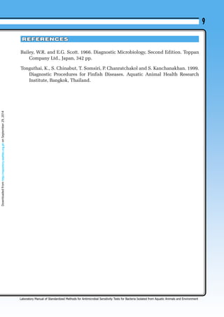 9 
REFERENCES 
Bailey, W.R. and E.G. Scott. 1966. Diagnostic Microbiology, Second Edition. Toppan 
Company Ltd., Japan, 342 pp. 
Tonguthai, K., S. Chinabut, T. Somsiri, P. Chanratchakol and S. Kanchanakhan. 1999. 
Diagnostic Procedures for Finfish Diseases. Aquatic Animal Health Research 
Institute, Bangkok, Thailand. 
Laboratory Manual of Standardized Methods for Antimicrobial Sensitivity Tests for Bacteria Isolated from Aquatic Animals and Environment 
Downloaded from http://repository.seafdec.org.ph on September 29, 2014 
 