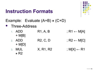 Instruction Formats
Example: Evaluate (A+B)  (C+D)
 Three-Address
1. ADD R1, A, B ; R1 ← M[A]
+ M[B]
2. ADD R2, C, D ; R2 ← M[C]
+ M[D]
3. MUL X, R1, R2 ; M[X] ← R1
 R2
 