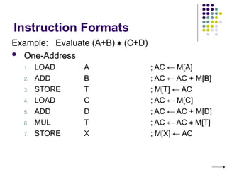 Instruction Formats
Example: Evaluate (A+B)  (C+D)
 One-Address
1. LOAD A ; AC ← M[A]
2. ADD B ; AC ← AC + M[B]
3. STORE T ; M[T] ← AC
4. LOAD C ; AC ← M[C]
5. ADD D ; AC ← AC + M[D]
6. MUL T ; AC ← AC  M[T]
7. STORE X ; M[X] ← AC
 