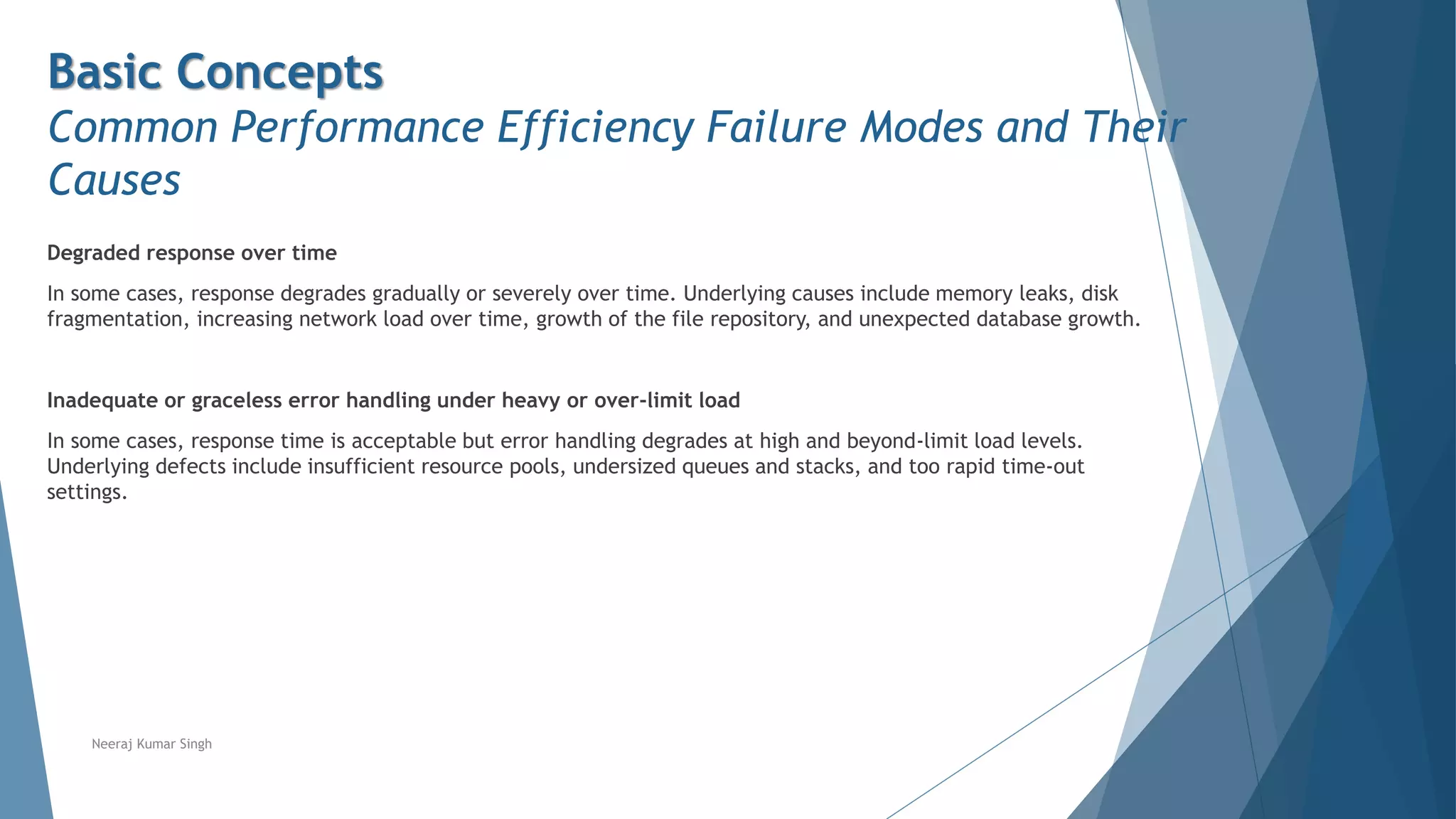 Basic Concepts
Common Performance Efficiency Failure Modes and Their
Causes
Degraded response over time
In some cases, response degrades gradually or severely over time. Underlying causes include memory leaks, disk
fragmentation, increasing network load over time, growth of the file repository, and unexpected database growth.
Inadequate or graceless error handling under heavy or over-limit load
In some cases, response time is acceptable but error handling degrades at high and beyond-limit load levels.
Underlying defects include insufficient resource pools, undersized queues and stacks, and too rapid time-out
settings.
Neeraj Kumar Singh
 
