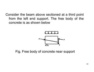 41
41
Consider the beam above sectioned at a third point
from the left end support. The free body of the
concrete is as shown below
Fig. Free body of concrete near support
 