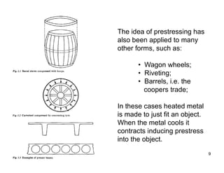 9
9
The idea of prestressing has
also been applied to many
other forms, such as:
• Wagon wheels;
• Riveting;
• Barrels, i.e. the
coopers trade;
In these cases heated metal
is made to just fit an object.
When the metal cools it
contracts inducing prestress
into the object.
 