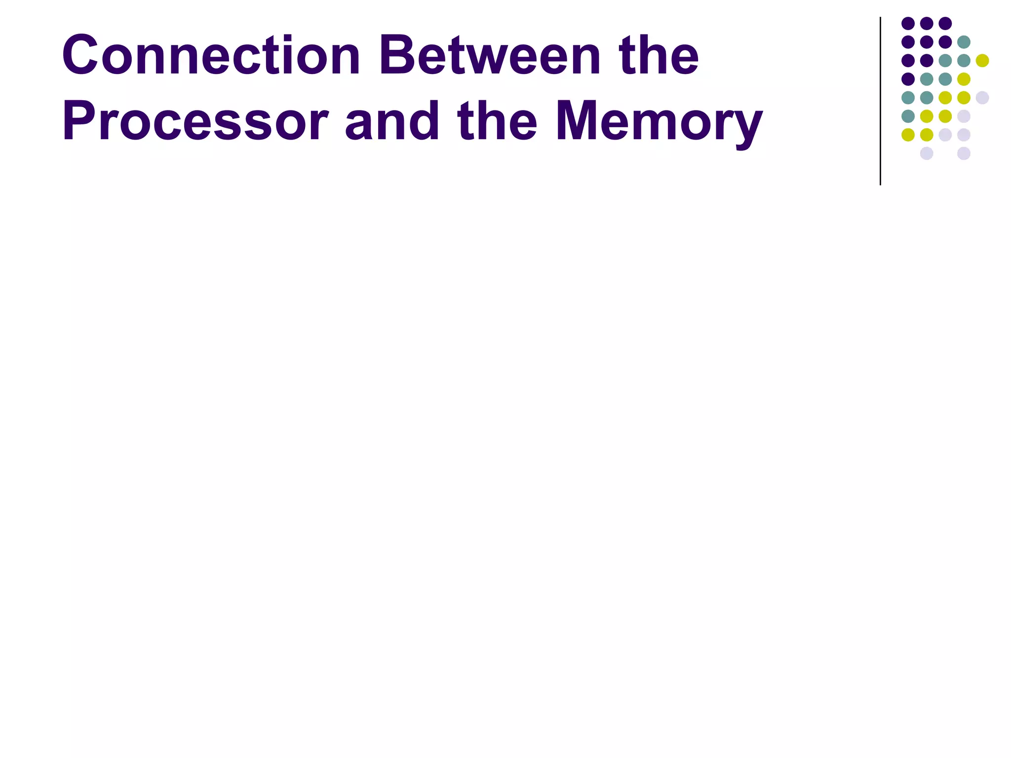 Connection Between the
Processor and the Memory
Figure 1.2. Connections between the processor and the memory.
Processor
Memory
PC
IR
MDR
Control
ALU
R
n 1-
R1
R0
MAR
n general purpose
registers
 