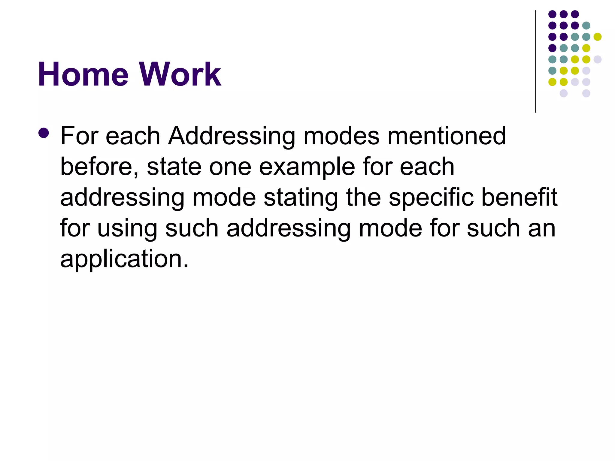 Home Work
 For each Addressing modes mentioned
before, state one example for each
addressing mode stating the specific benefit
for using such addressing mode for such an
application.
 