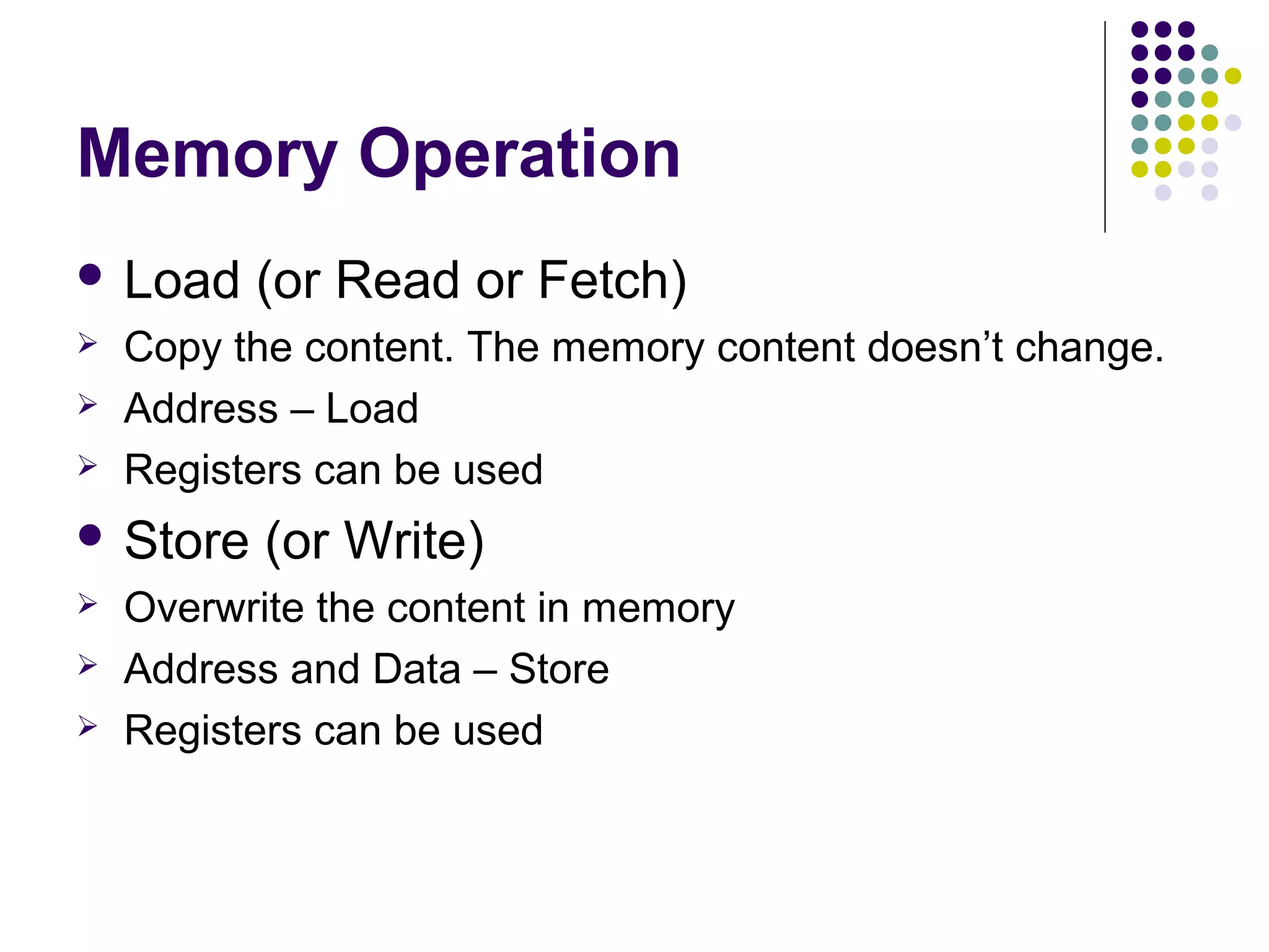 Memory Operation
 Load (or Read or Fetch)
 Copy the content. The memory content doesn’t change.
 Address – Load
 Registers can be used
 Store (or Write)
 Overwrite the content in memory
 Address and Data – Store
 Registers can be used
 