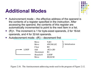 Additional Modes
 Autoincrement mode – the effective address of the operand is
the contents of a register specified in the instruction. After
accessing the operand, the contents of this register are
automatically incremented to point to the next item in a list.
 (Ri)+. The increment is 1 for byte-sized operands, 2 for 16-bit
operands, and 4 for 32-bit operands.
 Autodecrement mode: -(Ri) – decrement first
R0Clear
R0,SUM
R1
(R2)+,R0
Figure 2.16.  The Autoincrement addressing mode used in the program of Figure 2.12.
Initialization
Move
LOOP Add
Decrement
LOOP
#NUM1,R2
N,R1Move
Move
Branch>0
 