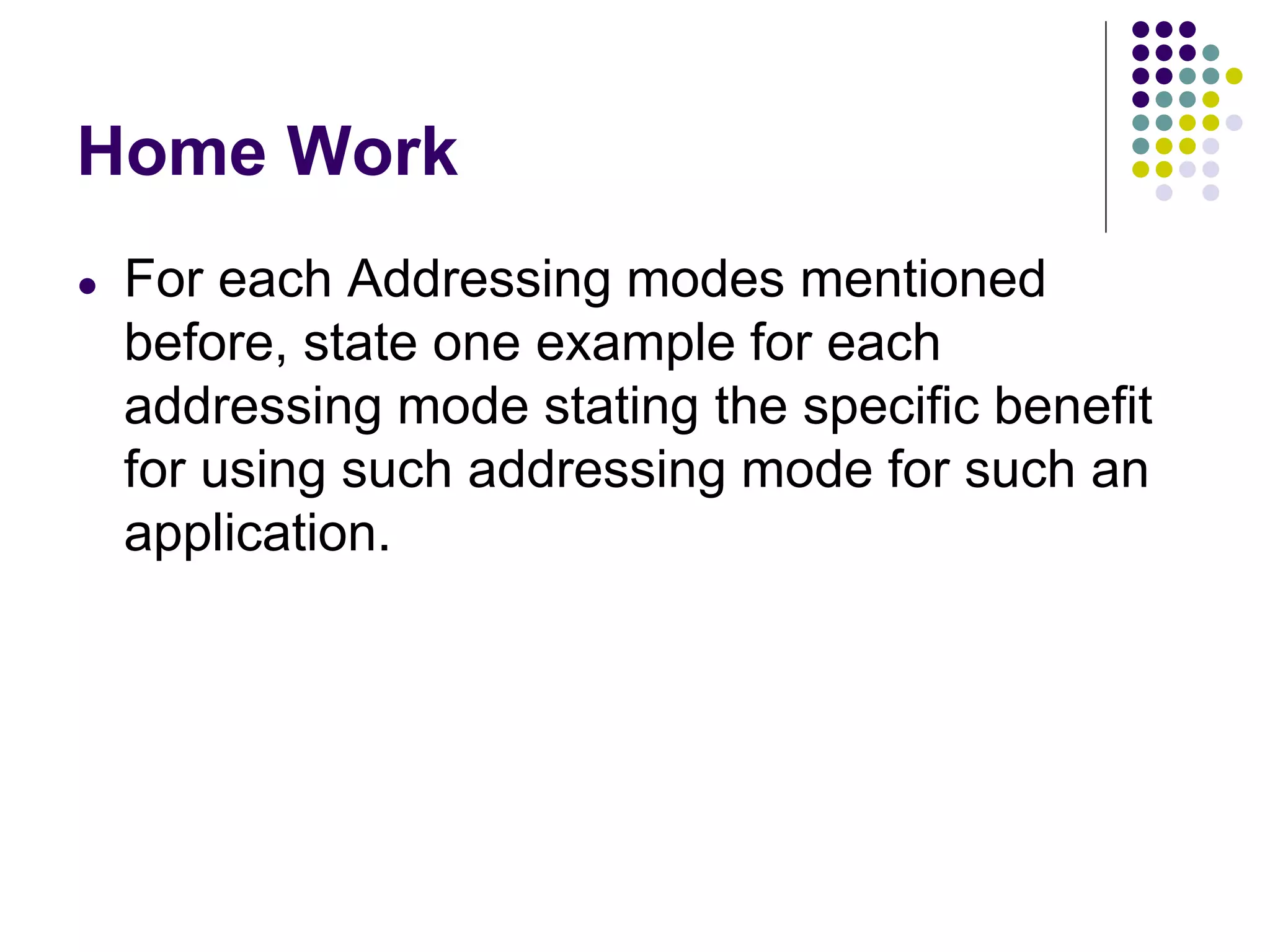 Home Work
● For each Addressing modes mentioned
before, state one example for each
addressing mode stating the specific benefit
for using such addressing mode for such an
application.
 