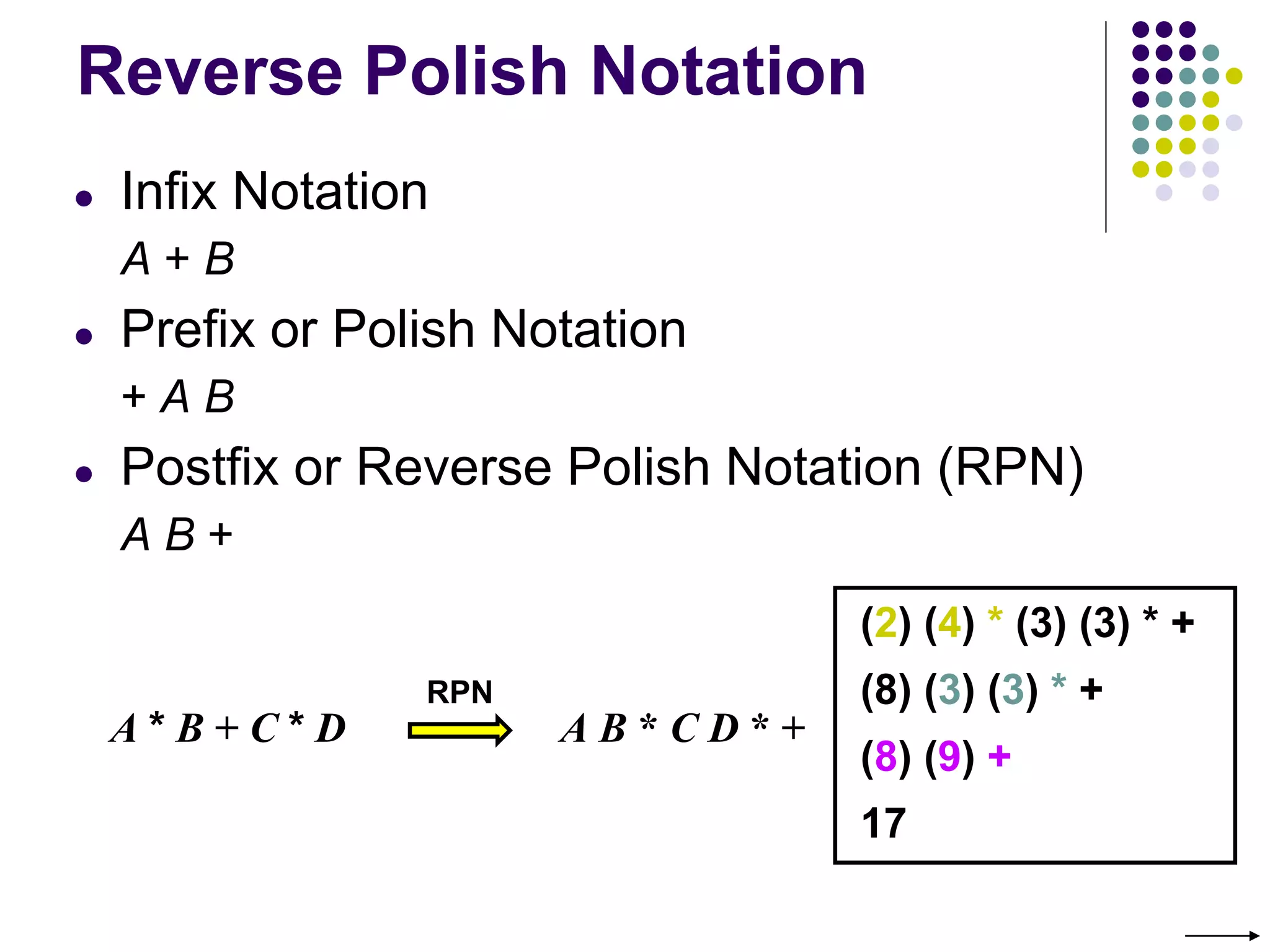 Reverse Polish Notation
● Infix Notation
A + B
● Prefix or Polish Notation
+ A B
● Postfix or Reverse Polish Notation (RPN)
A B +
A * B + C * D A B * C D * +
RPN
(2) (4) * (3) (3) * +
(8) (3) (3) * +
(8) (9) +
17
 