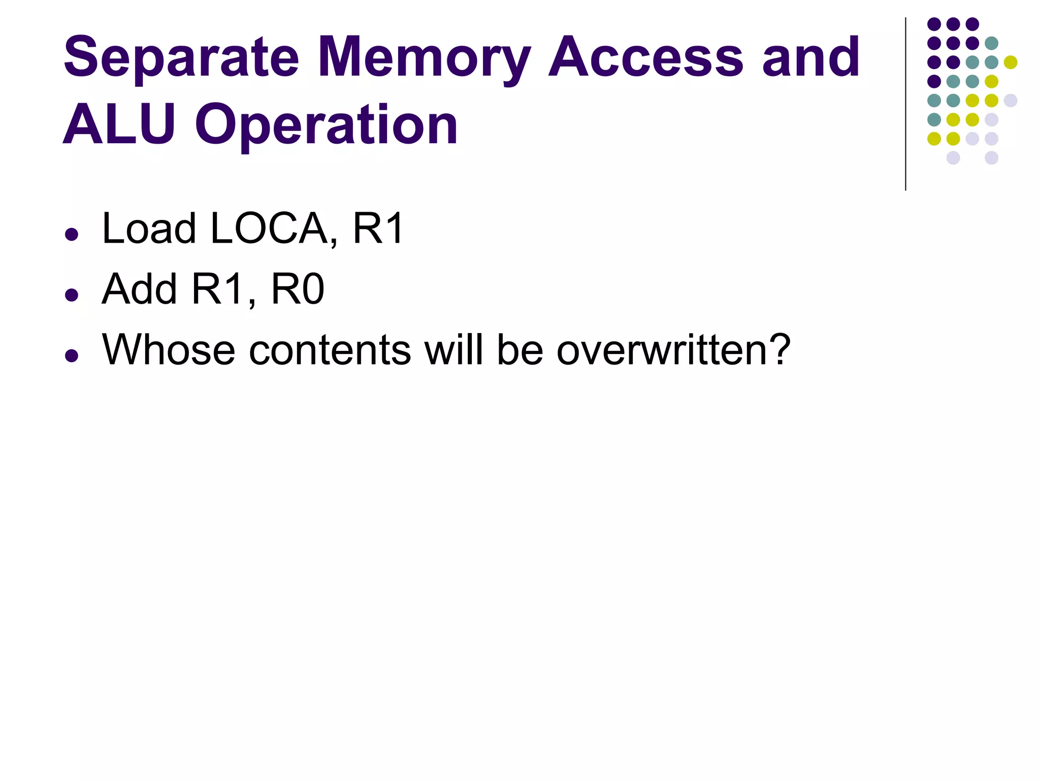 Separate Memory Access and
ALU Operation
● Load LOCA, R1
● Add R1, R0
● Whose contents will be overwritten?
 