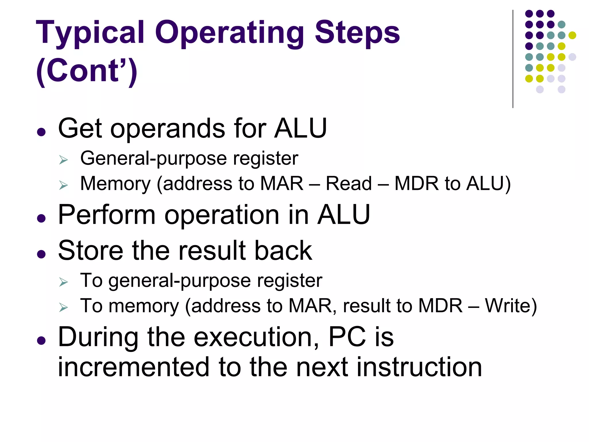 Typical Operating Steps
(Cont’)
● Get operands for ALU
⮚ General-purpose register
⮚ Memory (address to MAR – Read – MDR to ALU)
● Perform operation in ALU
● Store the result back
⮚ To general-purpose register
⮚ To memory (address to MAR, result to MDR – Write)
● During the execution, PC is
incremented to the next instruction
 