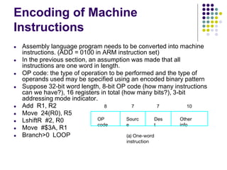 Encoding of Machine
Instructions
● Assembly language program needs to be converted into machine
instructions. (ADD = 0100 in ARM instruction set)
● In the previous section, an assumption was made that all
instructions are one word in length.
● OP code: the type of operation to be performed and the type of
operands used may be specified using an encoded binary pattern
● Suppose 32-bit word length, 8-bit OP code (how many instructions
can we have?), 16 registers in total (how many bits?), 3-bit
addressing mode indicator.
● Add R1, R2
● Move 24(R0), R5
● LshiftR #2, R0
● Move #$3A, R1
● Branch>0 LOOP
OP
code
Sourc
e
Des
t
Other
info
8 7 7 10
(a) One-word
instruction
 