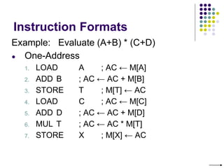 Instruction Formats
Example: Evaluate (A+B) * (C+D)
● One-Address
1. LOAD A ; AC ← M[A]
2. ADD B ; AC ← AC + M[B]
3. STORE T ; M[T] ← AC
4. LOAD C ; AC ← M[C]
5. ADD D ; AC ← AC + M[D]
6. MUL T ; AC ← AC * M[T]
7. STORE X ; M[X] ← AC
 