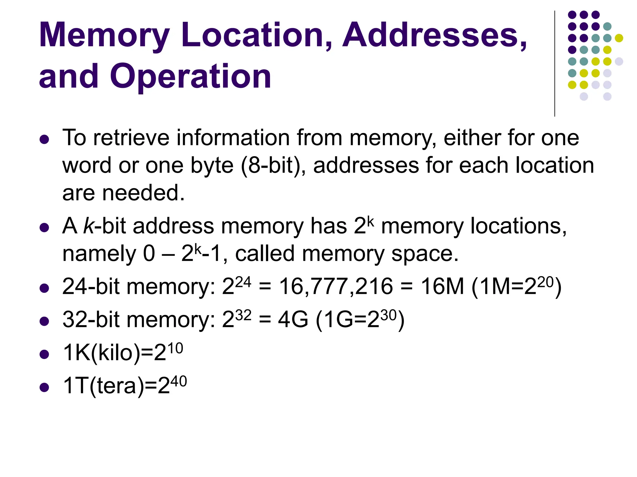 Memory Location, Addresses,
and Operation
 To retrieve information from memory, either for one
word or one byte (8-bit), addresses for each location
are needed.
 A k-bit address memory has 2k memory locations,
namely 0 – 2k-1, called memory space.
 24-bit memory: 224 = 16,777,216 = 16M (1M=220)
 32-bit memory: 232 = 4G (1G=230)
 1K(kilo)=210
 1T(tera)=240
 