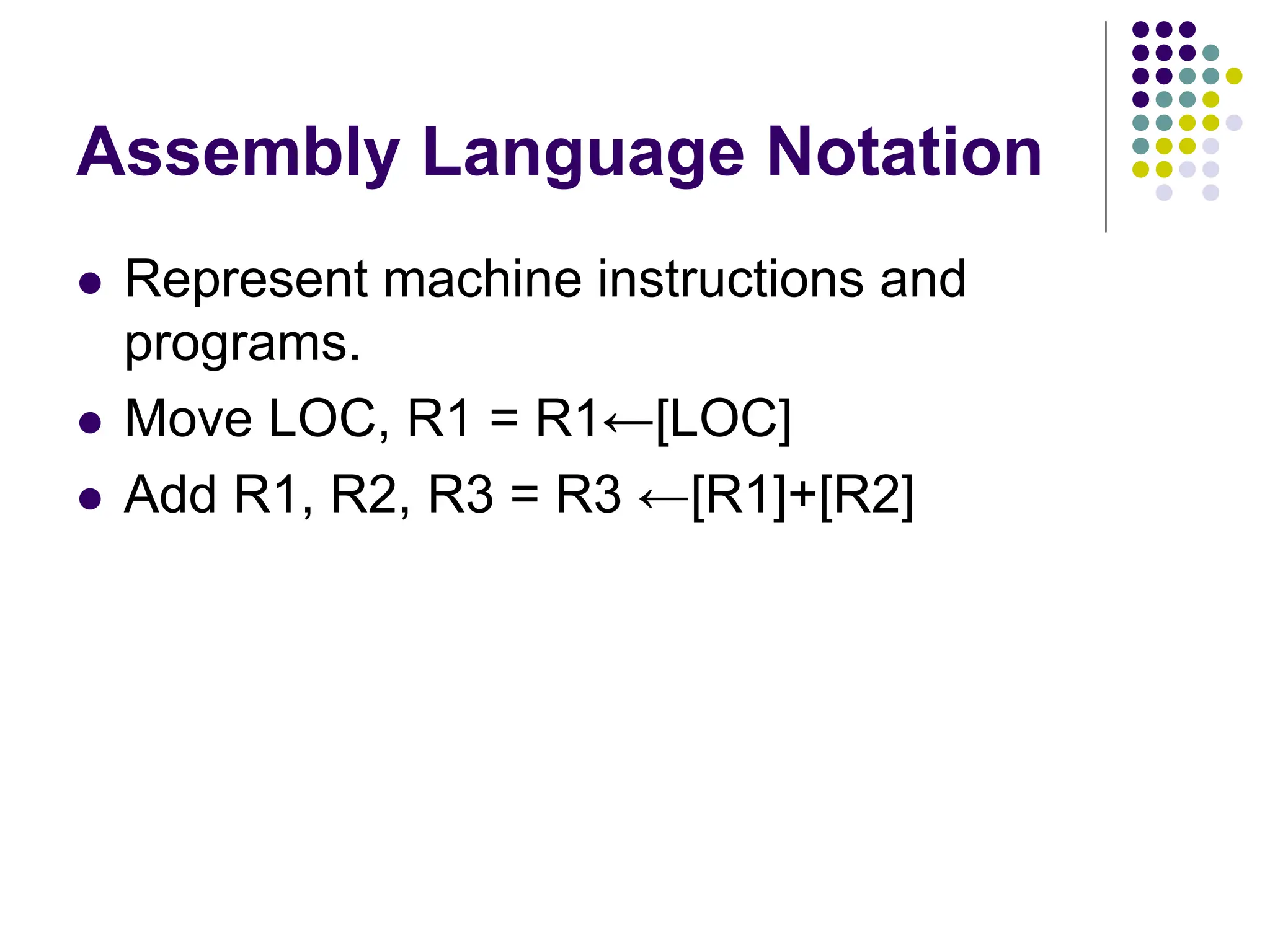 Assembly Language Notation
 Represent machine instructions and
programs.
 Move LOC, R1 = R1←[LOC]
 Add R1, R2, R3 = R3 ←[R1]+[R2]
 