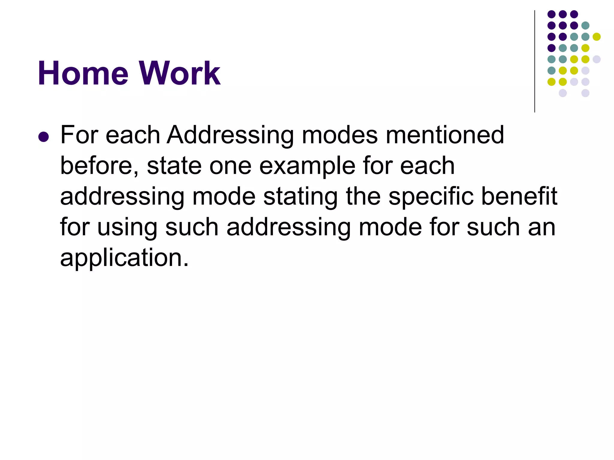 Home Work
 For each Addressing modes mentioned
before, state one example for each
addressing mode stating the specific benefit
for using such addressing mode for such an
application.
 
