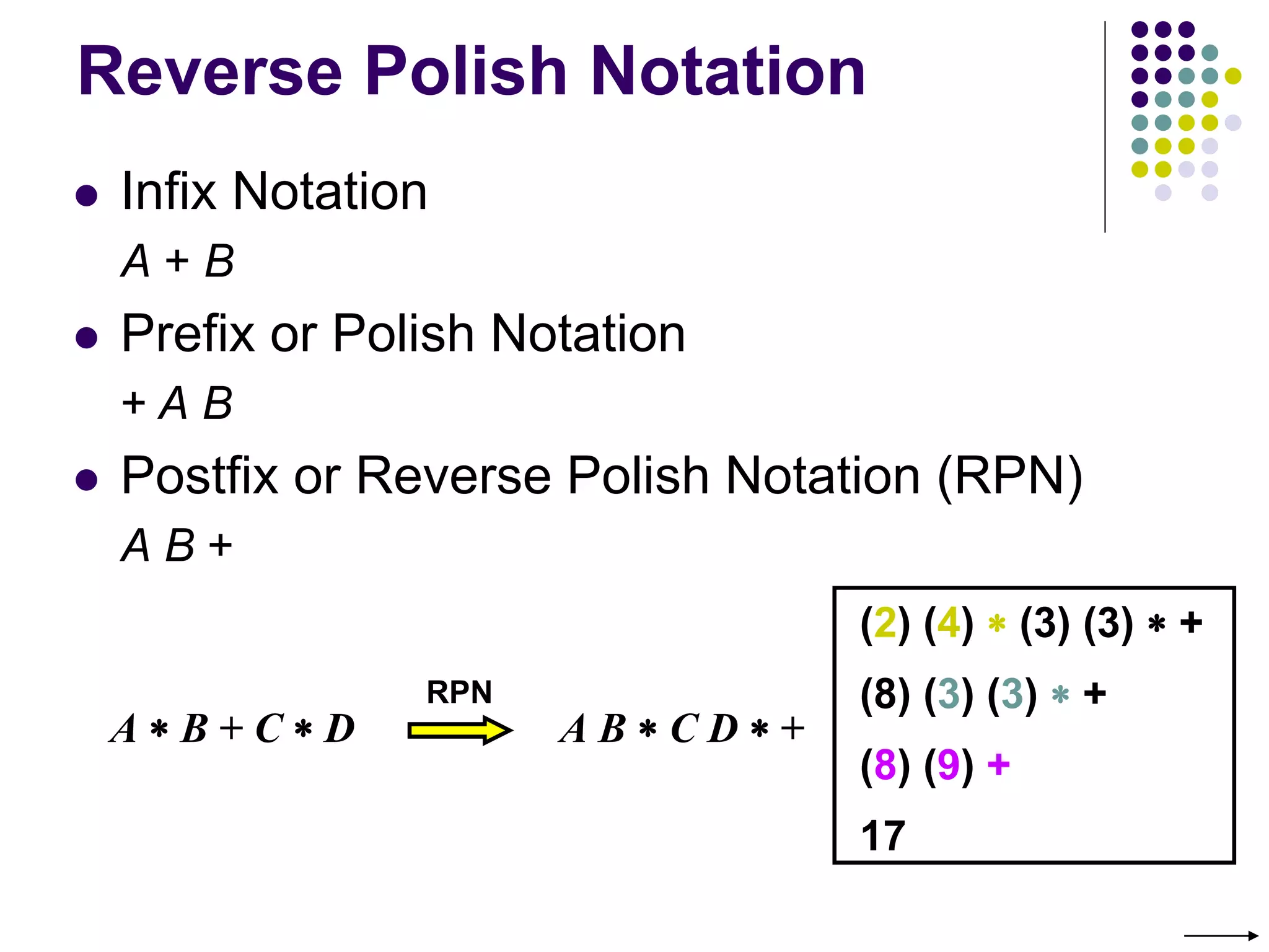 Reverse Polish Notation
 Infix Notation
A + B
 Prefix or Polish Notation
+ A B
 Postfix or Reverse Polish Notation (RPN)
A B +
A  B + C  D A B  C D  +
RPN
(2) (4)  (3) (3)  +
(8) (3) (3)  +
(8) (9) +
17
 