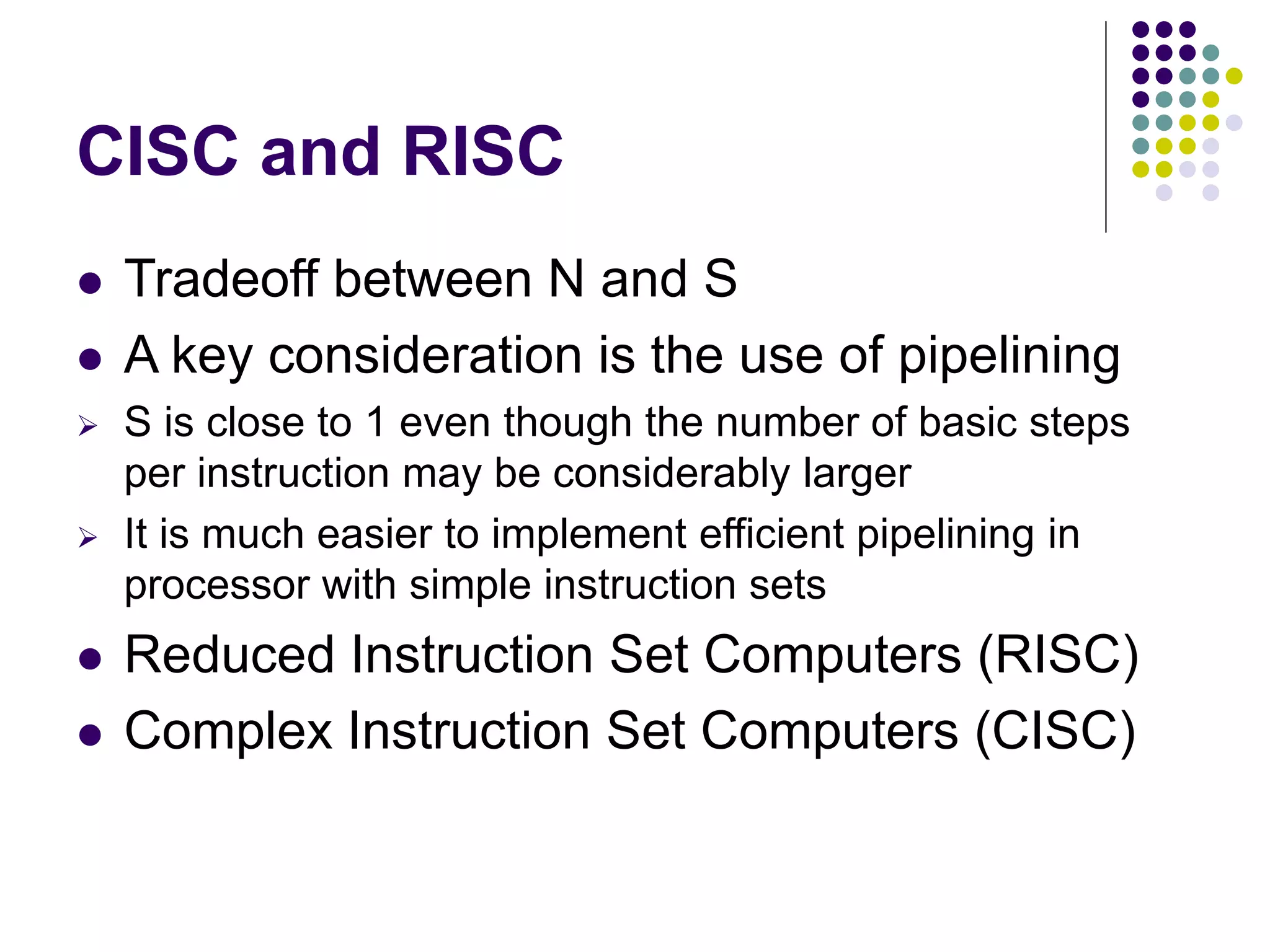 CISC and RISC
 Tradeoff between N and S
 A key consideration is the use of pipelining
 S is close to 1 even though the number of basic steps
per instruction may be considerably larger
 It is much easier to implement efficient pipelining in
processor with simple instruction sets
 Reduced Instruction Set Computers (RISC)
 Complex Instruction Set Computers (CISC)
 