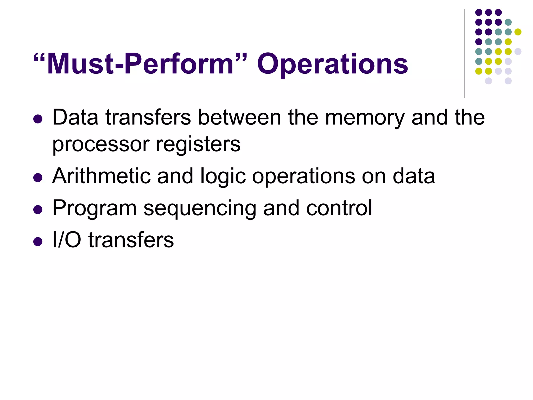 “Must-Perform” Operations
 Data transfers between the memory and the
processor registers
 Arithmetic and logic operations on data
 Program sequencing and control
 I/O transfers
 
