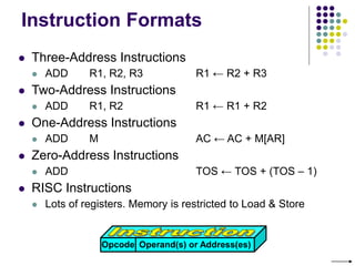 Instruction Formats
 Three-Address Instructions
 ADD R1, R2, R3 R1 ← R2 + R3
 Two-Address Instructions
 ADD R1, R2 R1 ← R1 + R2
 One-Address Instructions
 ADD M AC ← AC + M[AR]
 Zero-Address Instructions
 ADD TOS ← TOS + (TOS – 1)
 RISC Instructions
 Lots of registers. Memory is restricted to Load & Store
Opcode Operand(s) or Address(es)
 