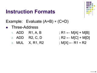Instruction Formats
Example: Evaluate (A+B)  (C+D)
 Three-Address
1. ADD R1, A, B ; R1 ← M[A] + M[B]
2. ADD R2, C, D ; R2 ← M[C] + M[D]
3. MUL X, R1, R2 ; M[X] ← R1  R2
 